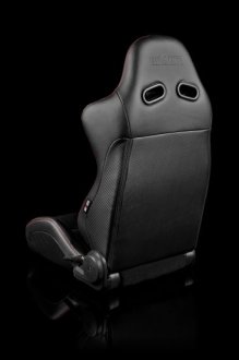 (image for) Braum Advan Black Leatherette Black Insert Fabric Carbon Fiber Mixed Sport Reclining Seats - Red Stitches - Pair