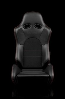 (image for) Braum Advan Black Leatherette Black Insert Fabric Carbon Fiber Mixed Sport Reclining Seats - Red Stitches - Pair