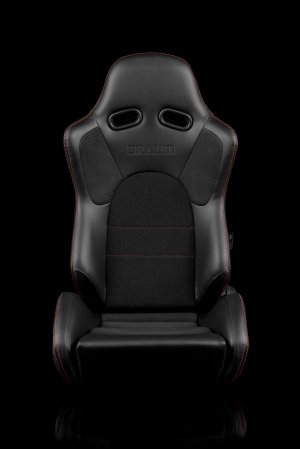 Braum Advan Black Leatherette Black Insert Fabric Carbon Fiber Mixed Sport Reclining Seats - Red Stitches - Pair