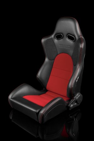 Braum Advan Black Leatherette Red Insert Fabric Carbon Fiber Mixed Sport Reclining Seats - Red Stitches - Pair